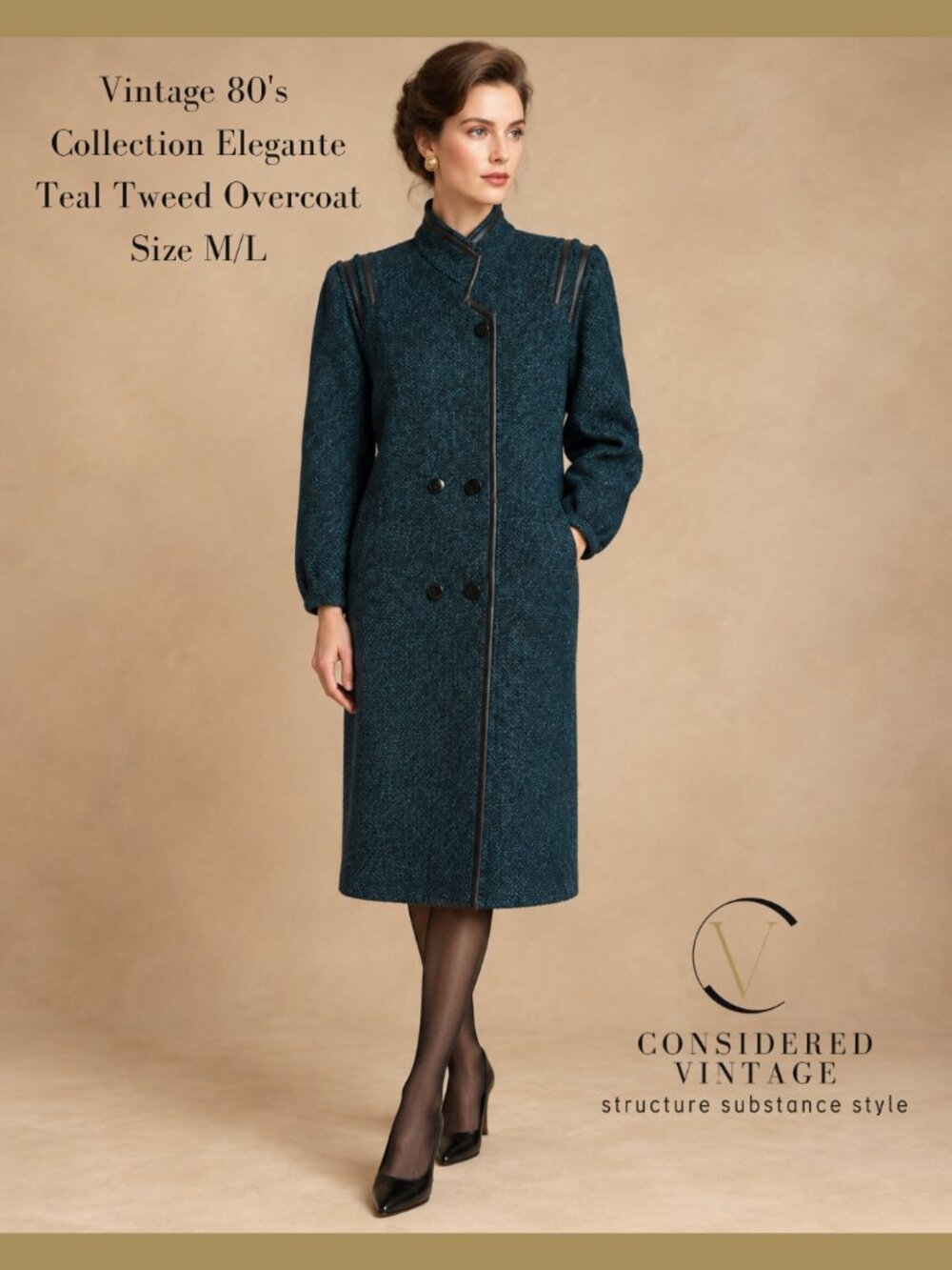 ✨Vintage 80s Collection Elegante Teal Tweed Wool Blend Overcoat M/L✨